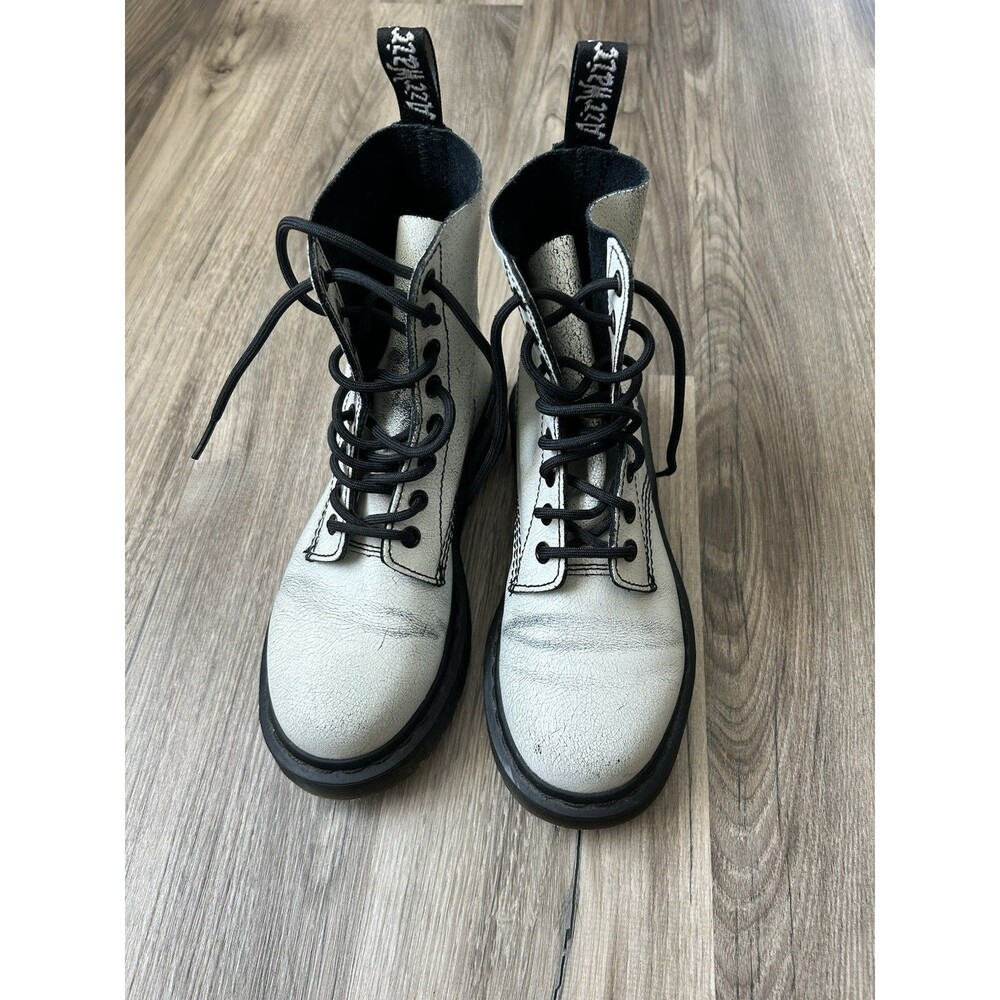 Dr. Martens 1460 Pascal Metallic White Crackle Leather Combat Boots Women 6